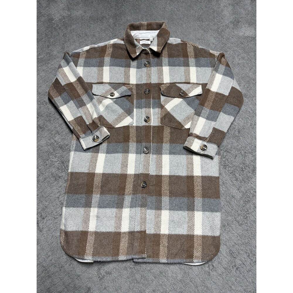 EVEREVE Shacket Flannel‎ Plaid Mid Length Button Up Brown Size L Pockets